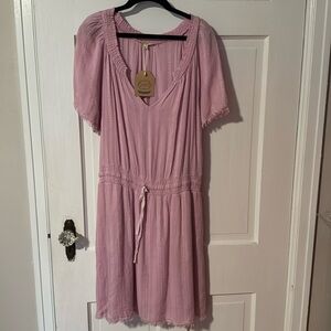 Kori NWT Light Pink Short Sleeve Vneck Drawstring Middle Womens Dress 100% Rayon